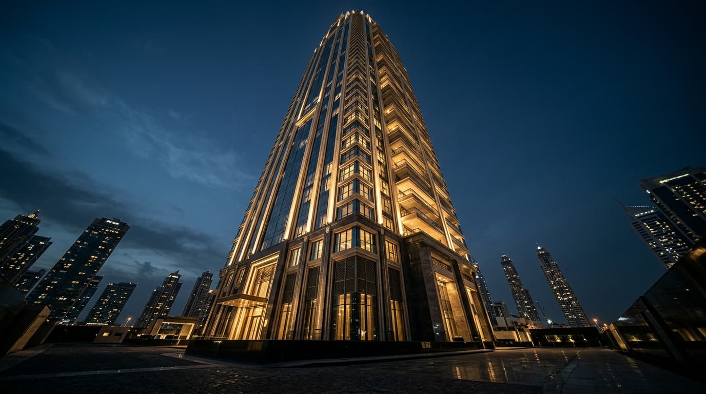 Luxuriöser Wohnturm in Dubai zur Dämmerung