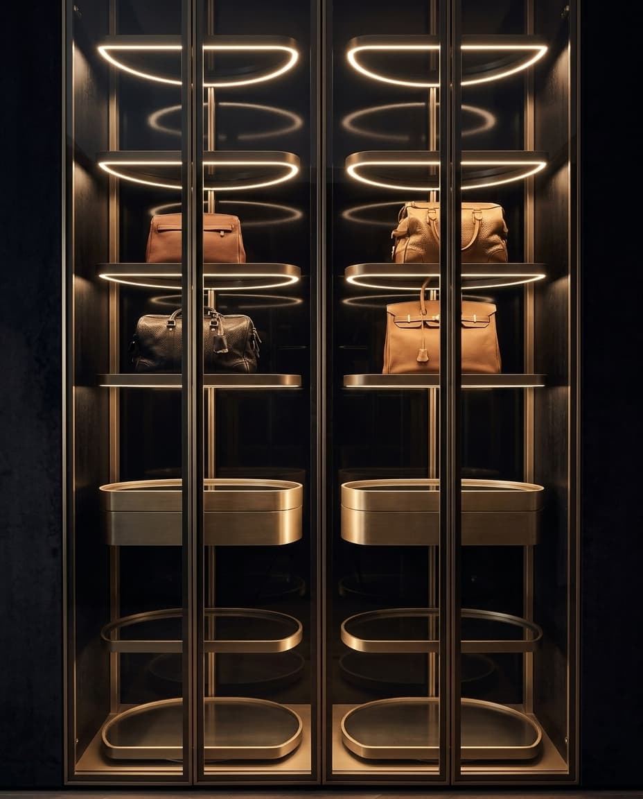 Illuminierter, begehbarer Ankleide- und Vitrinenschrank mit Champagner-Gold-Licht