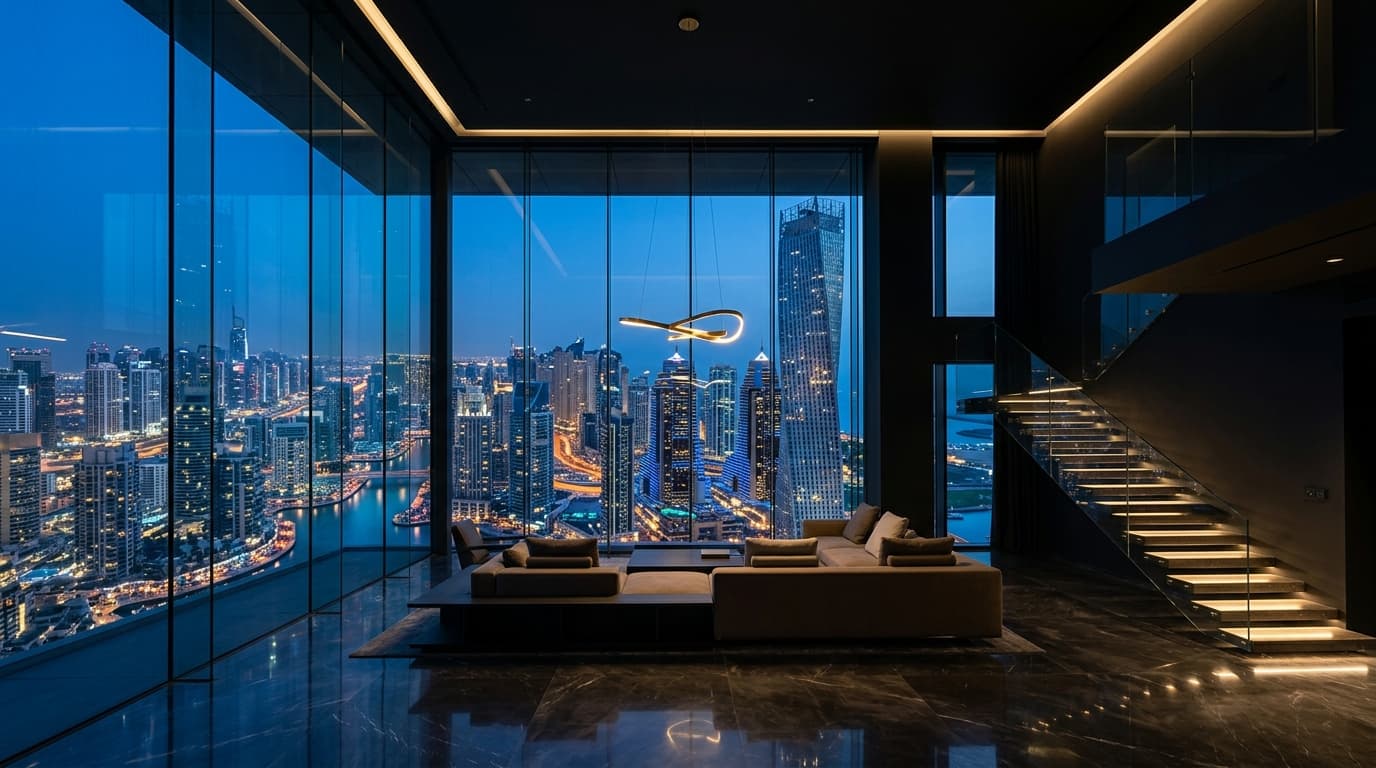 Double-Height Penthouse in Dubai zur blauen Stunde mit Schweizer Interior Fit-Out