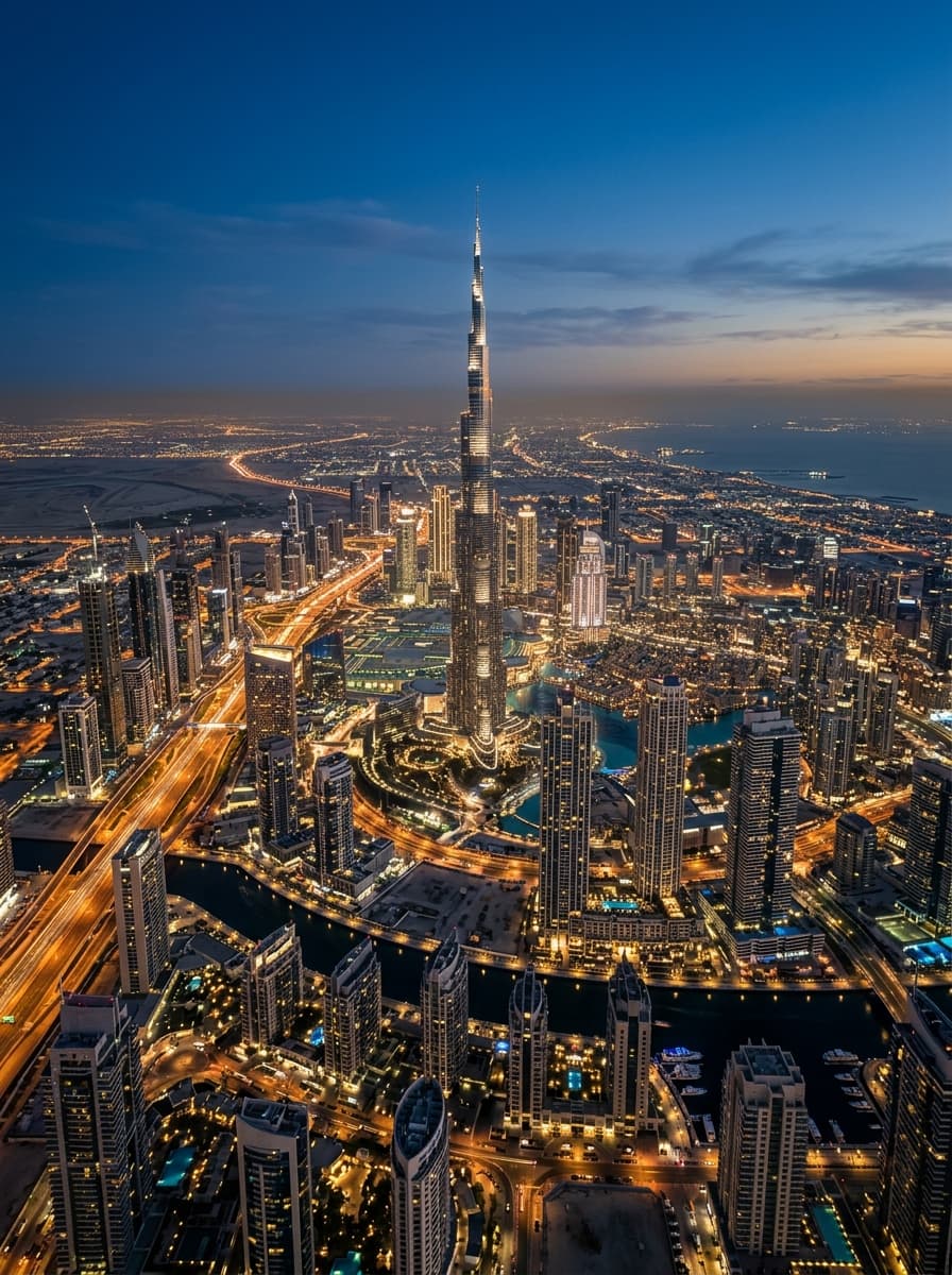 Dubai Skyline mit Burj Khalifa zur blauen Stunde — Execution