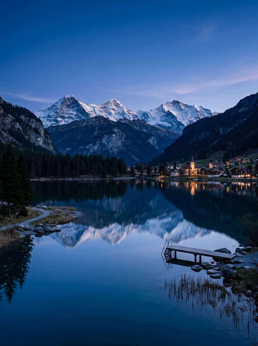 Schweizer Alpen und See zur blauen Stunde — Präzision und Ruhe