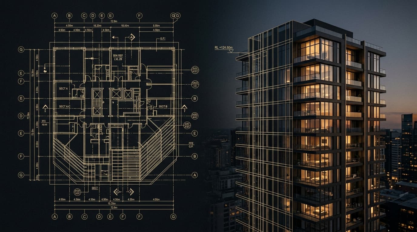 Architektonische BIM-Blaupause, die in einen fotorealistischen Wohnturm übergeht